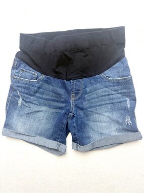 Motherhood Dark Blue Denim Maternity Shorts with Belly Panel